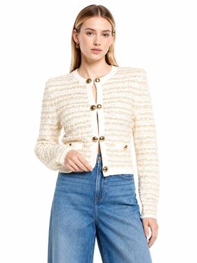 Express Cream Gold Metallic tweed Bouclé Knit Cardigan Jacket Medium clasp chic
